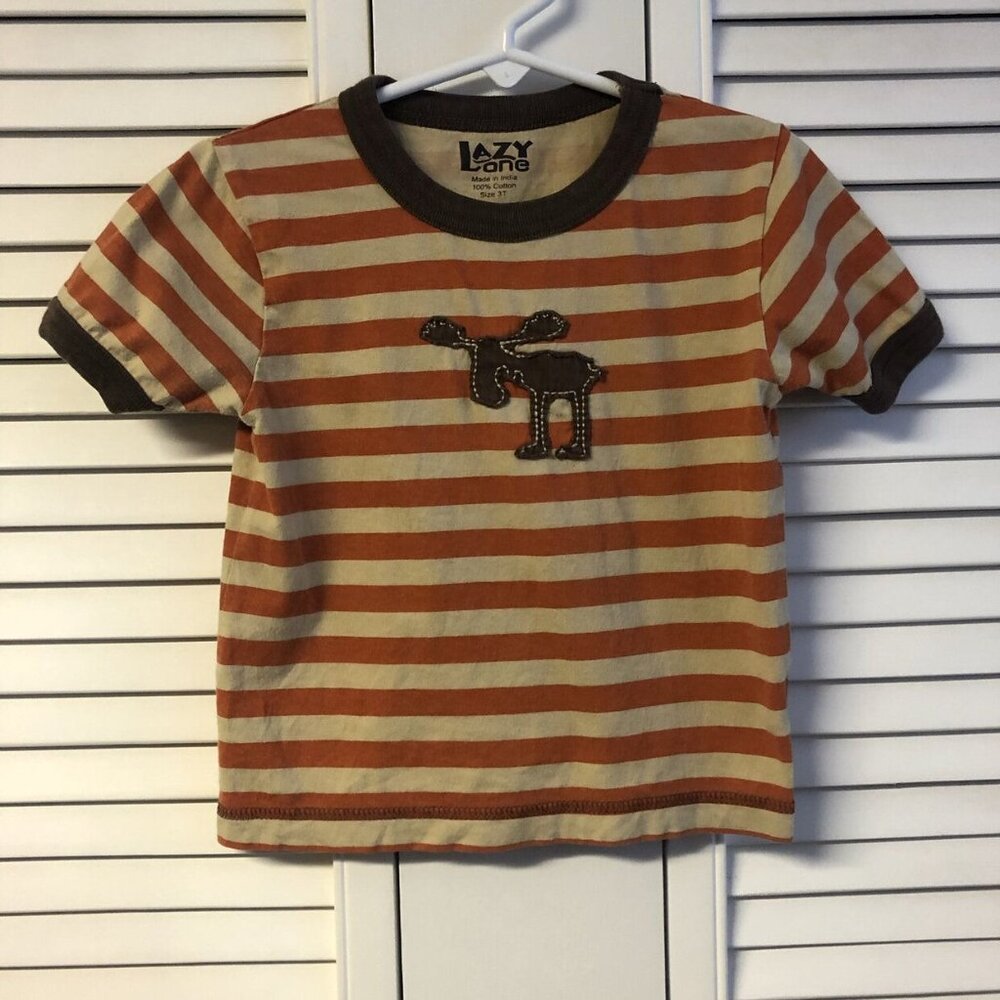Lazy One Size 3T Striped Moose Ringer Tee